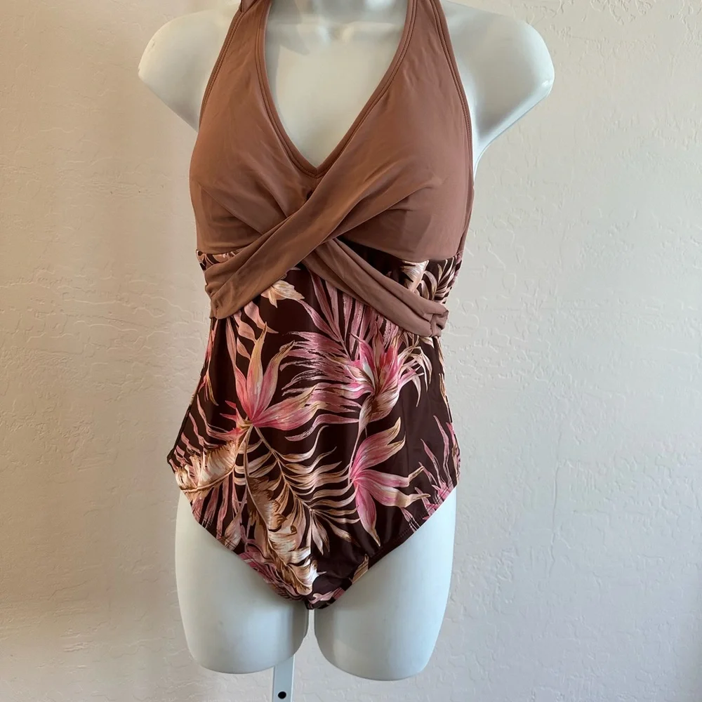 Cupshe Pink and Brown Floral One Piece Swimsuit NWT